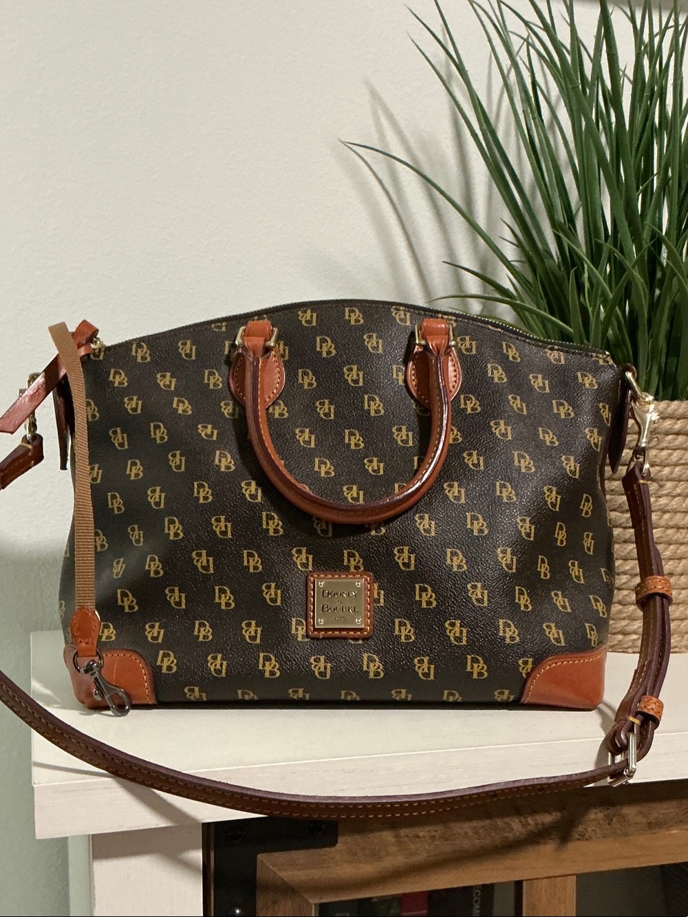Dooney & Burke Brown Monogram Satchel Handbag with Leather Trim